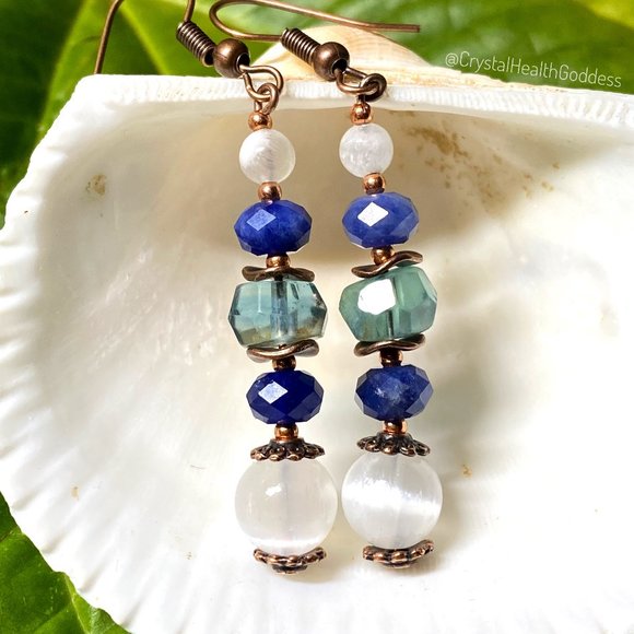 Selenite Blue Fluorite Sodalite Copper Earrings - Picture 6 of 8
